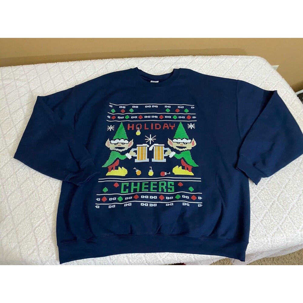 Gildan Heavy Blend Holiday Cheers Elfs Theme Graphic Blue Sweatshirt Women’s 2XL